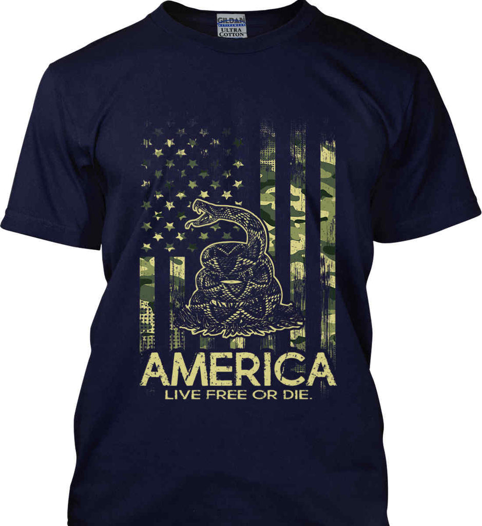 America. Live Free or Die. Don't Tread on Me. Camo. Gildan Tall Ultra Cotton T-Shirt.-2
