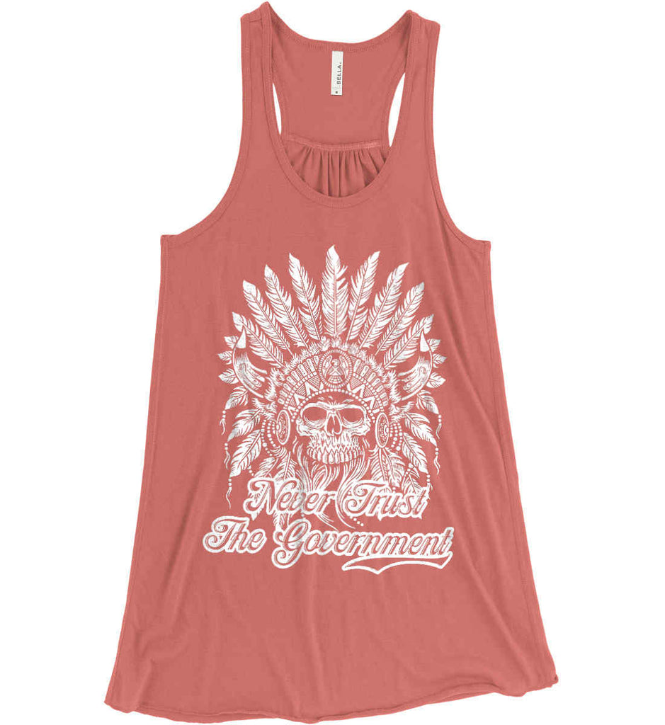 Never Trust the Government. Indian Skull. White Print. Women's: Bella + Canvas Flowy Racerback Tank.-4