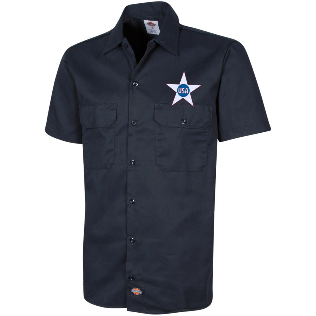 USA. Inside Star. Red, White and Blue. Dickies Men's Short Sleeve Workshirt. (Embroidered)-3