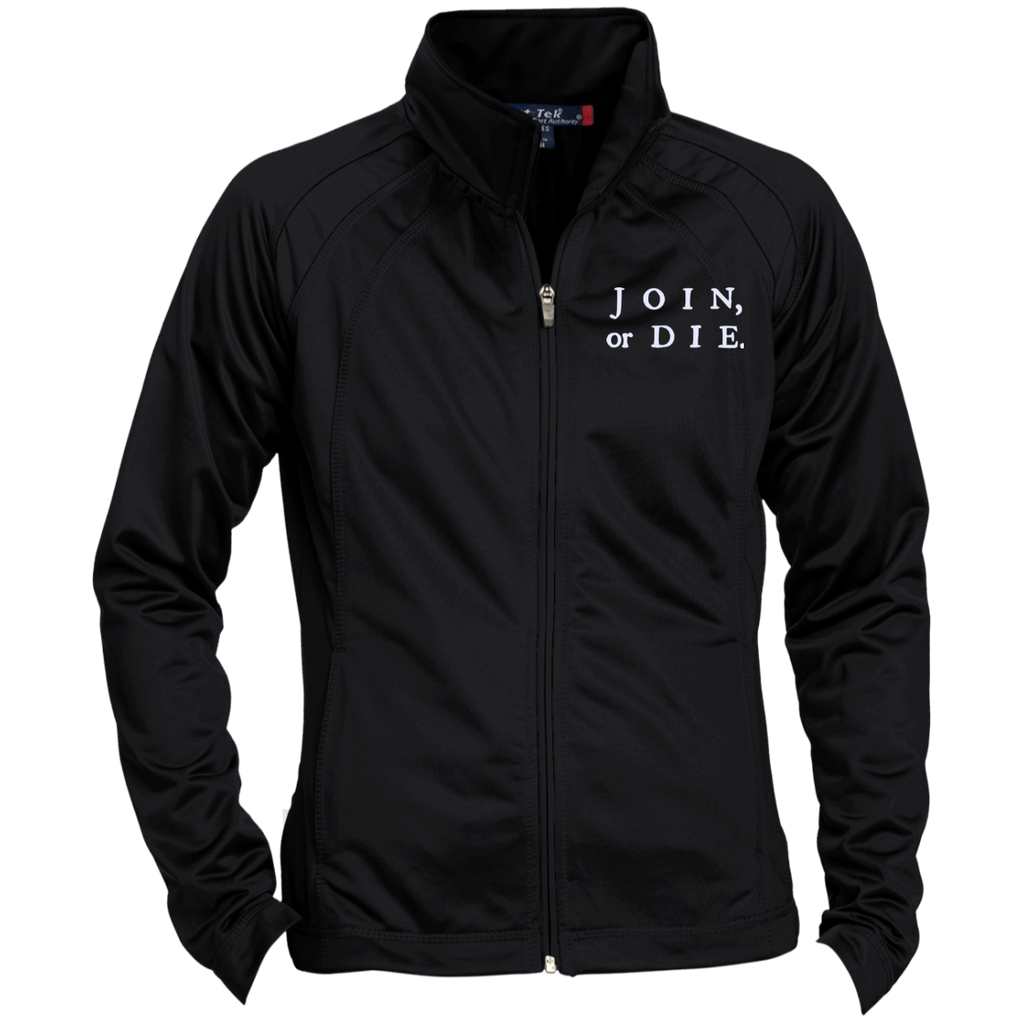 Join Or Die. White Text. Women's: Sport-Tek Ladies' Raglan Sleeve Warmup Jacket. (Embroidered)-4