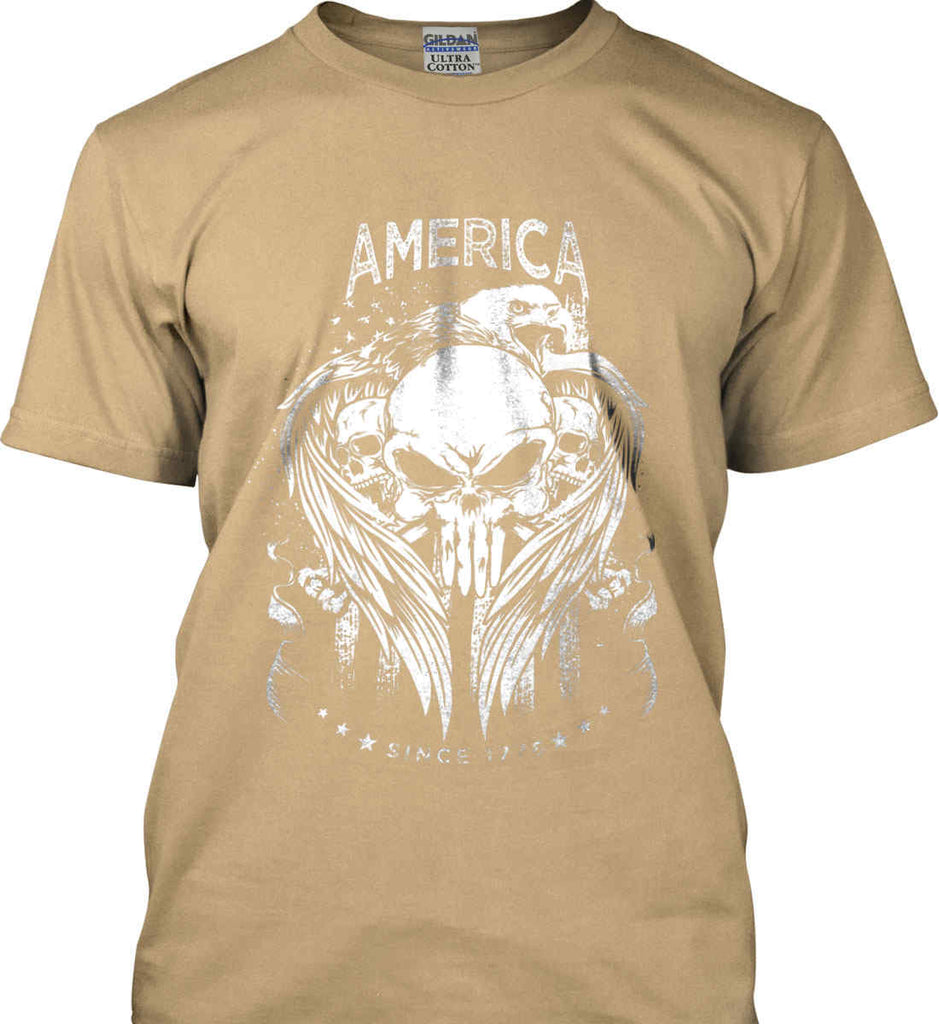 America. Punisher Skull and Bones. Since 1776. White Print. Gildan Ultra Cotton T-Shirt.-5