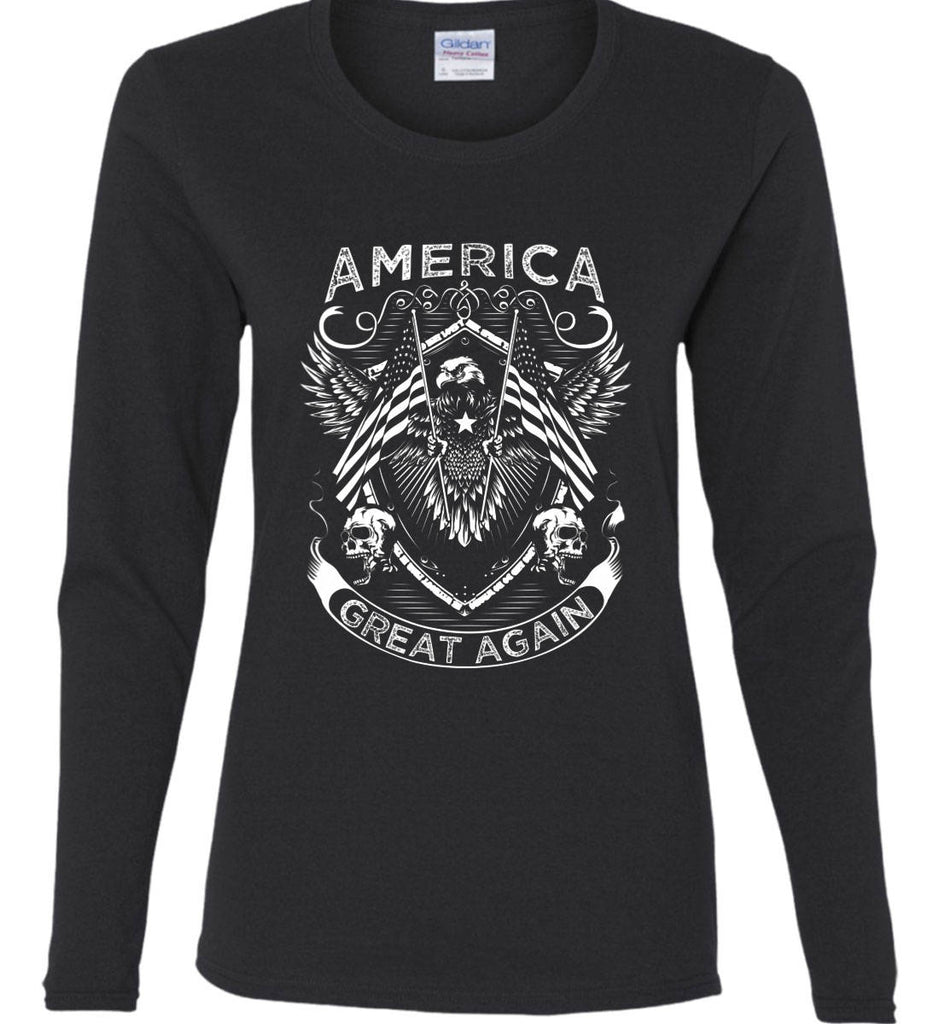 America. Great Again. White Print. Women's: Gildan Ladies Cotton Long Sleeve Shirt.-2