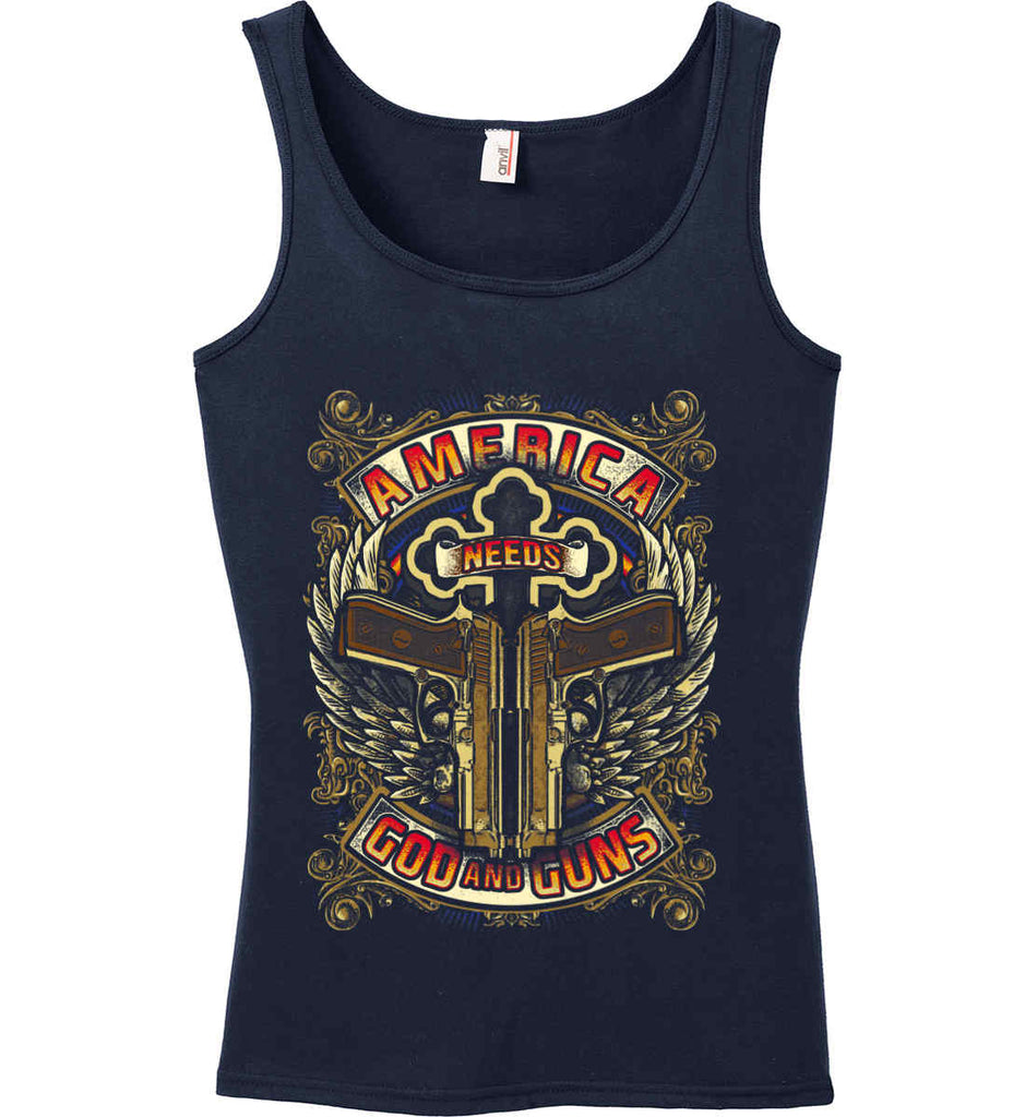 America Needs God and Guns. Women's: Anvil Ladies' 100% Ringspun Cotton Tank Top.-2