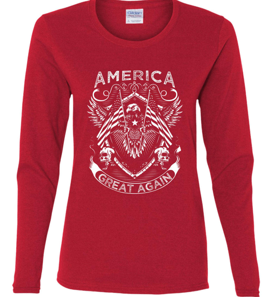 America. Great Again. White Print. Women's: Gildan Ladies Cotton Long Sleeve Shirt.-9