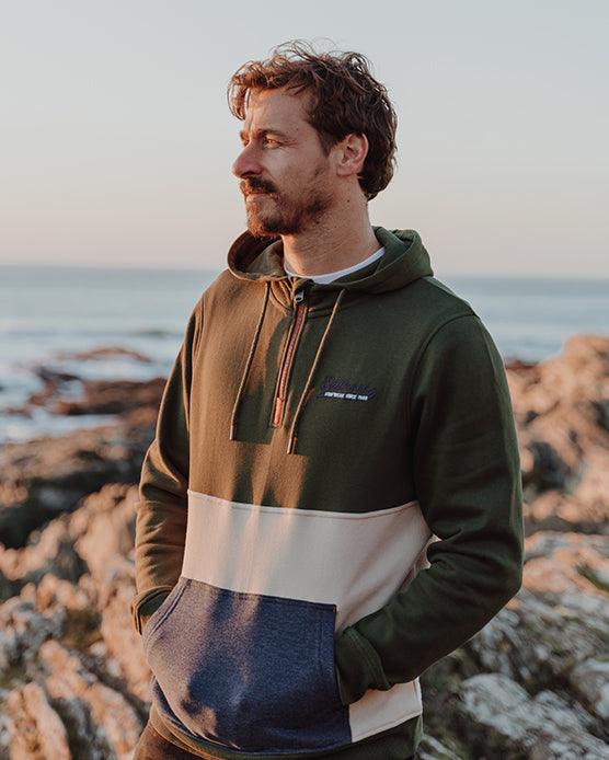 Anglesey - Mens 1/4 Neck Drop Sleeve Hoodie - Dark Green