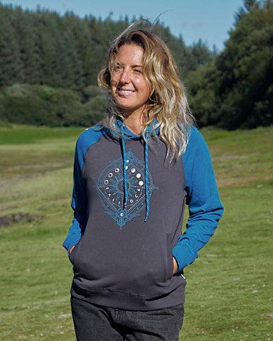 Compass - Womens Raglan Pop Hoodie - Dark Grey/blue