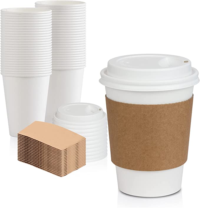 300 Set 16 Oz Disposable Hot Tea Paper Coffee Cups With Lids Sleeves Stirrers 