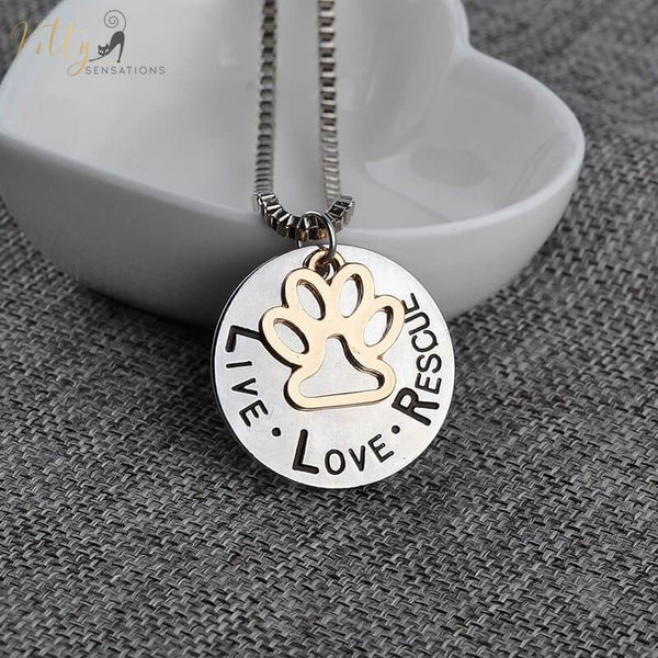 silver and golden cat necklace with 'live love rescue' writing