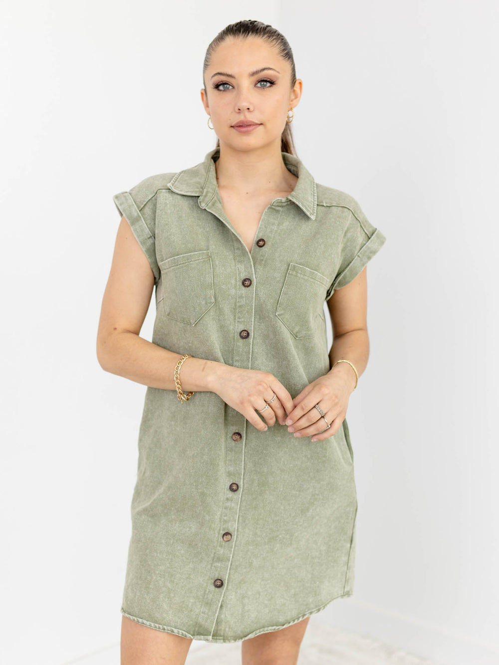 Cuffed Button Down Washed Twill Shirt DressDress