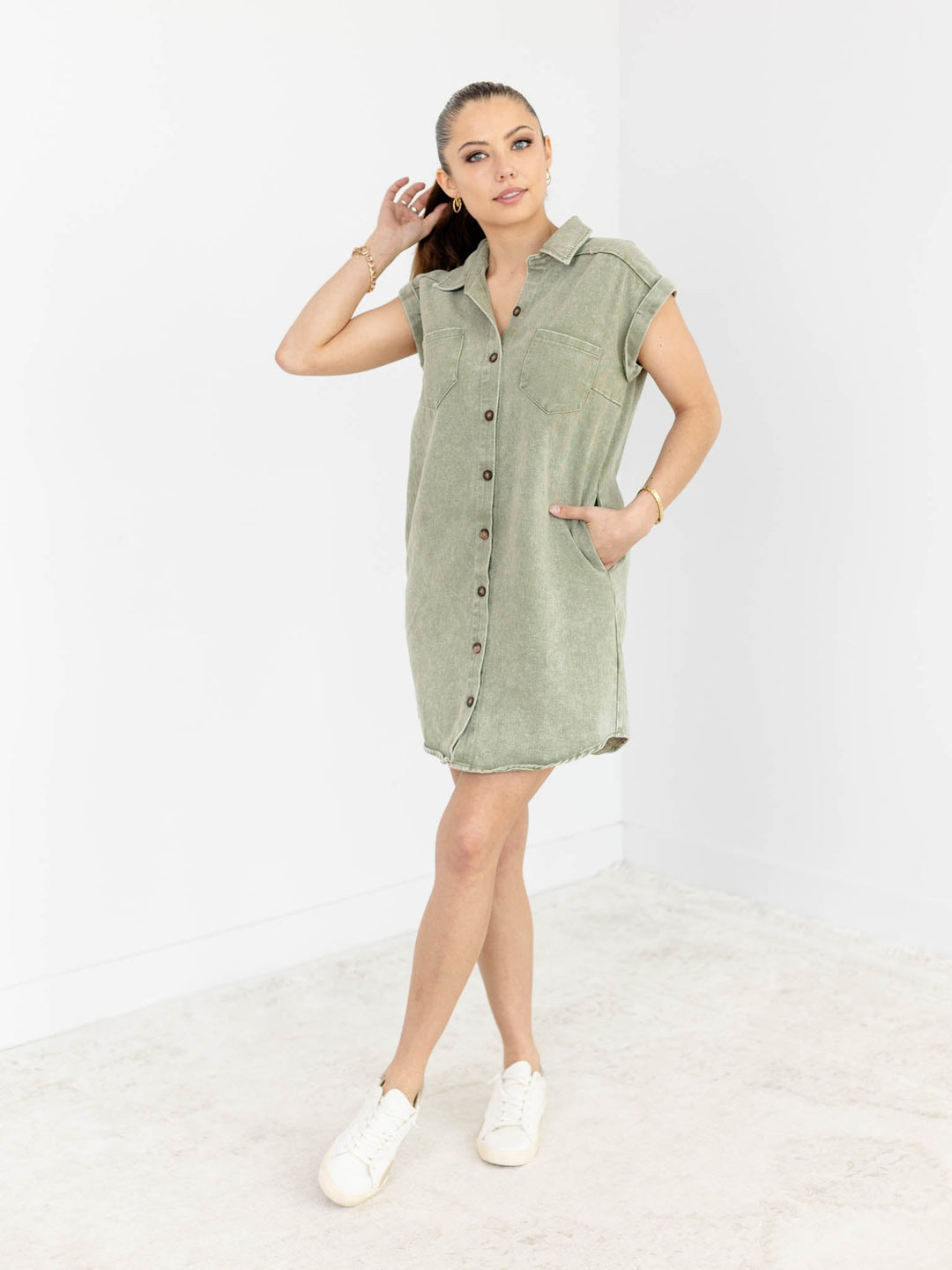 Cuffed Button Down Washed Twill Shirt DressDress