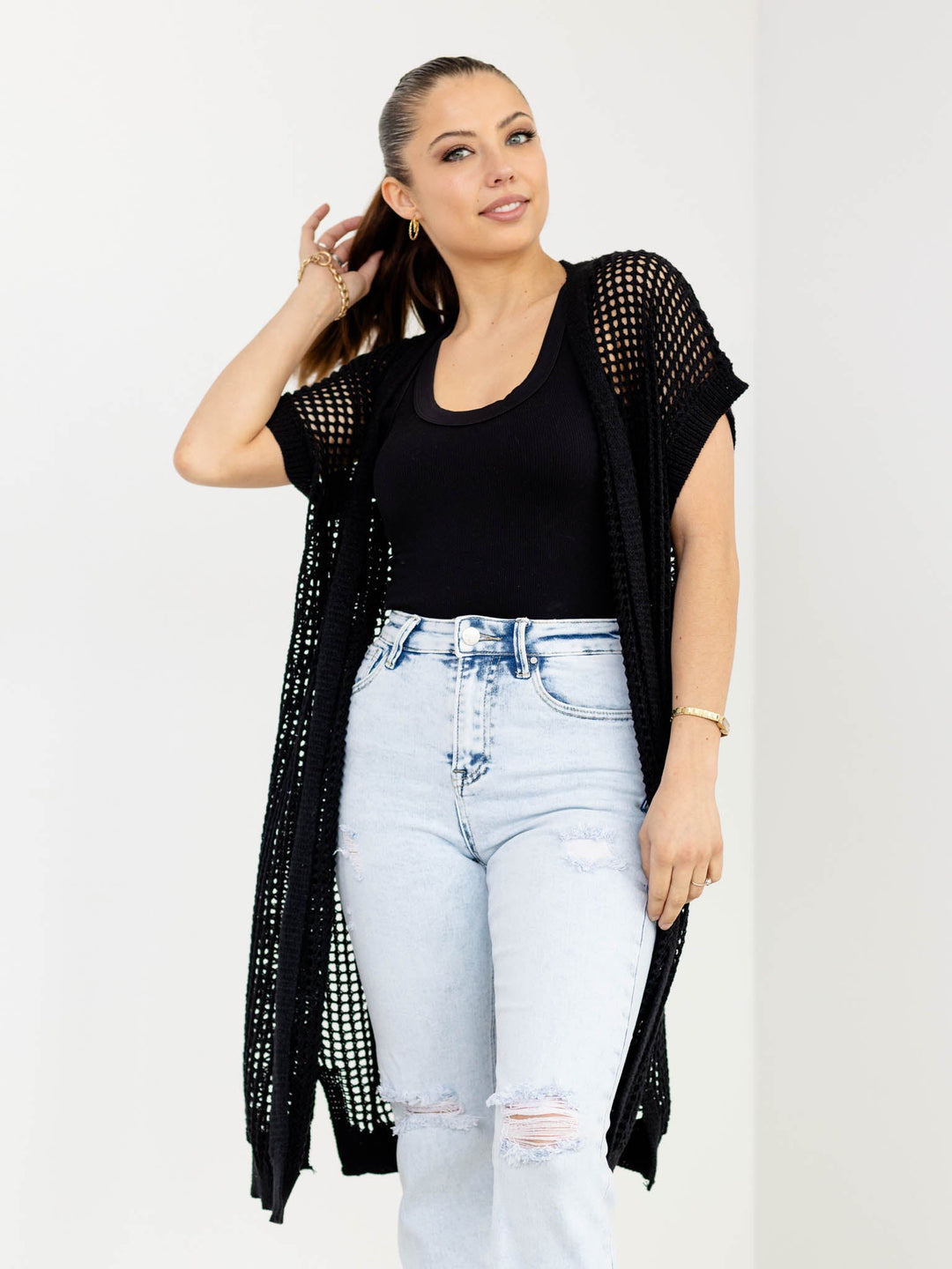 Drop Shoulder Fishnet CardiganCardigans