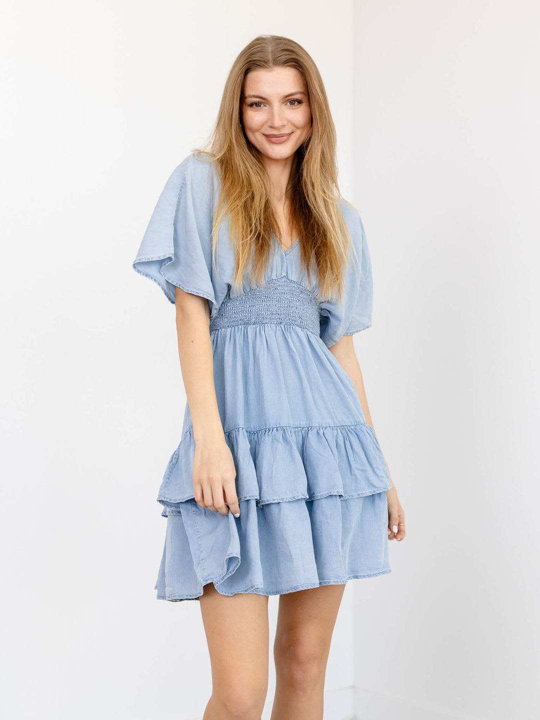 Drop Shoulder Smock Waist Tiered DressDress