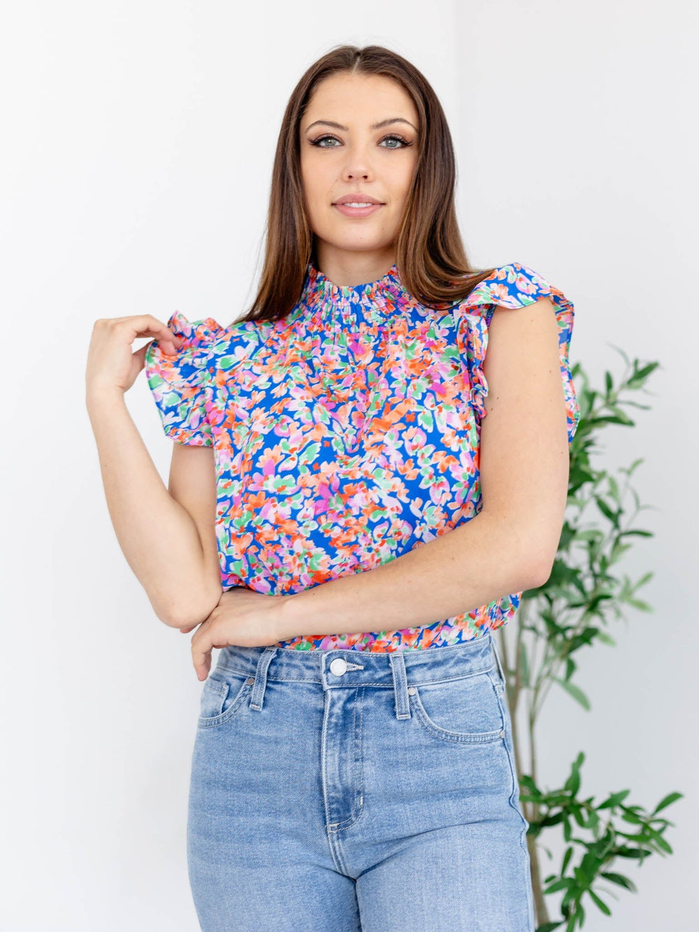 Floral Print Mock Neck TopWoven tops