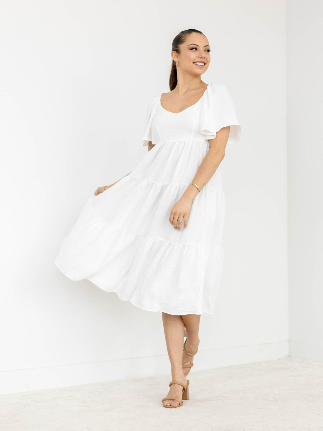 Flounce Sleeve Back Tie Tiered DressDress