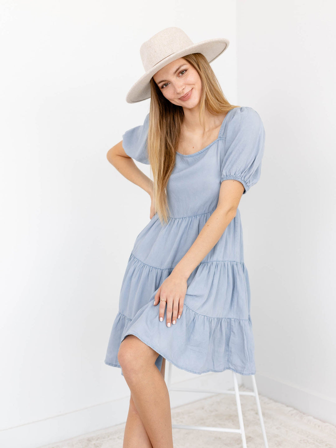 Puff Sleeve Square Neck Tiered Chambray Wash DressDress