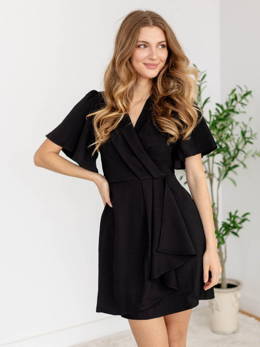 Short Sleeve Ruffled Wrap DressDress