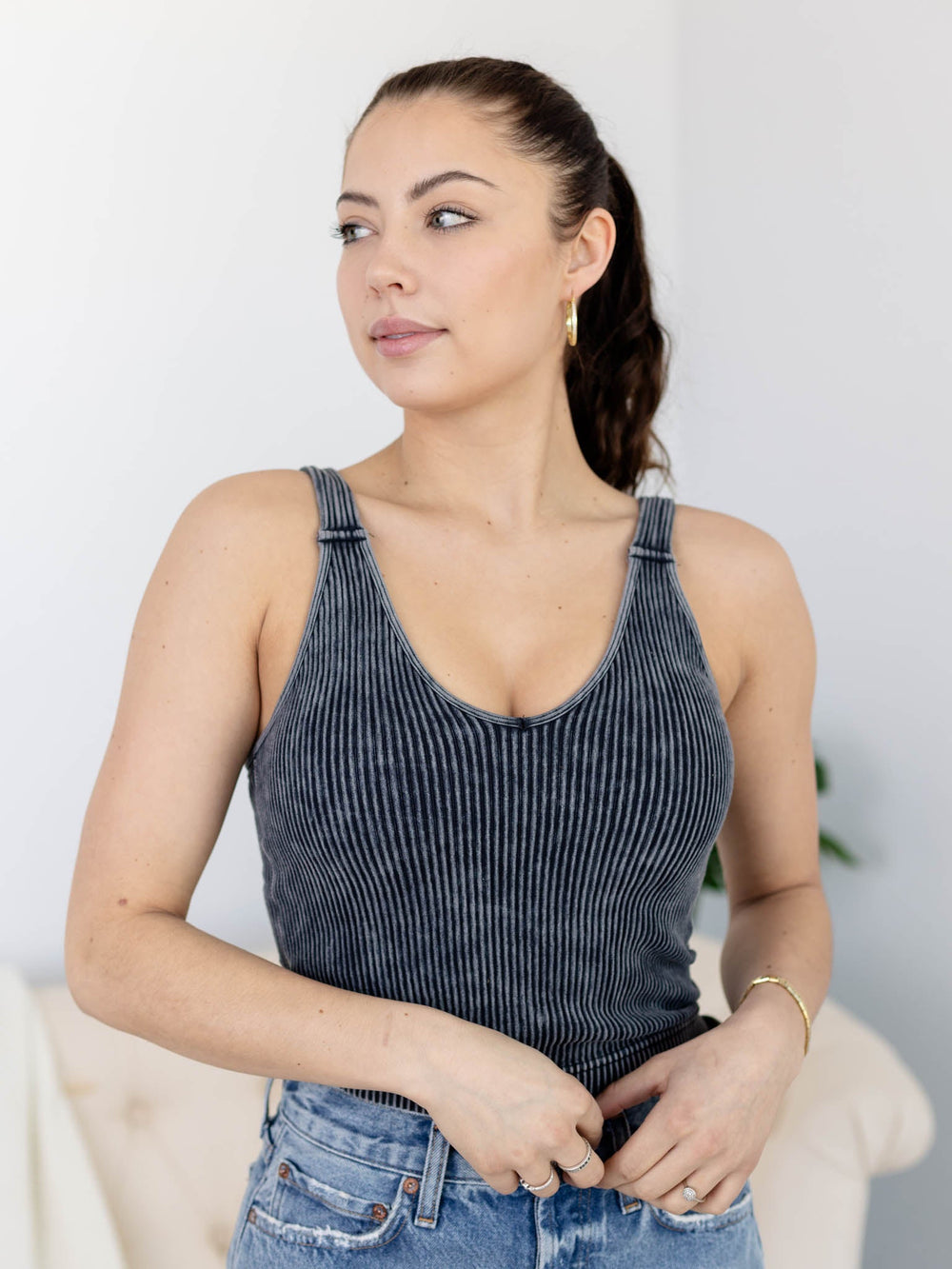 Washed Ribbed Cropped V-Neck Tank TopBasics