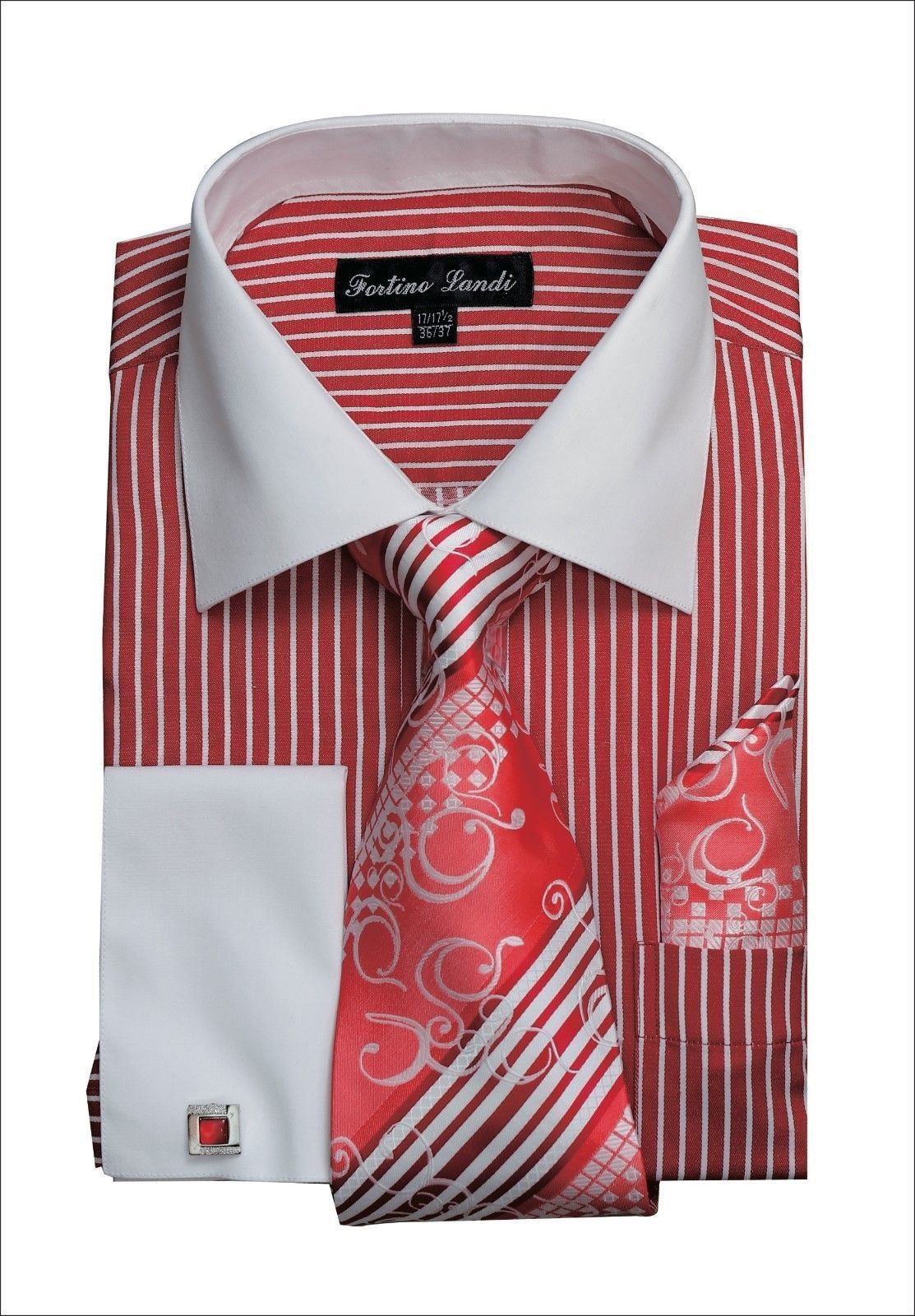 Handkerchief French Cuff Links Striped FL631 Men's Dress Shirt with Tie 