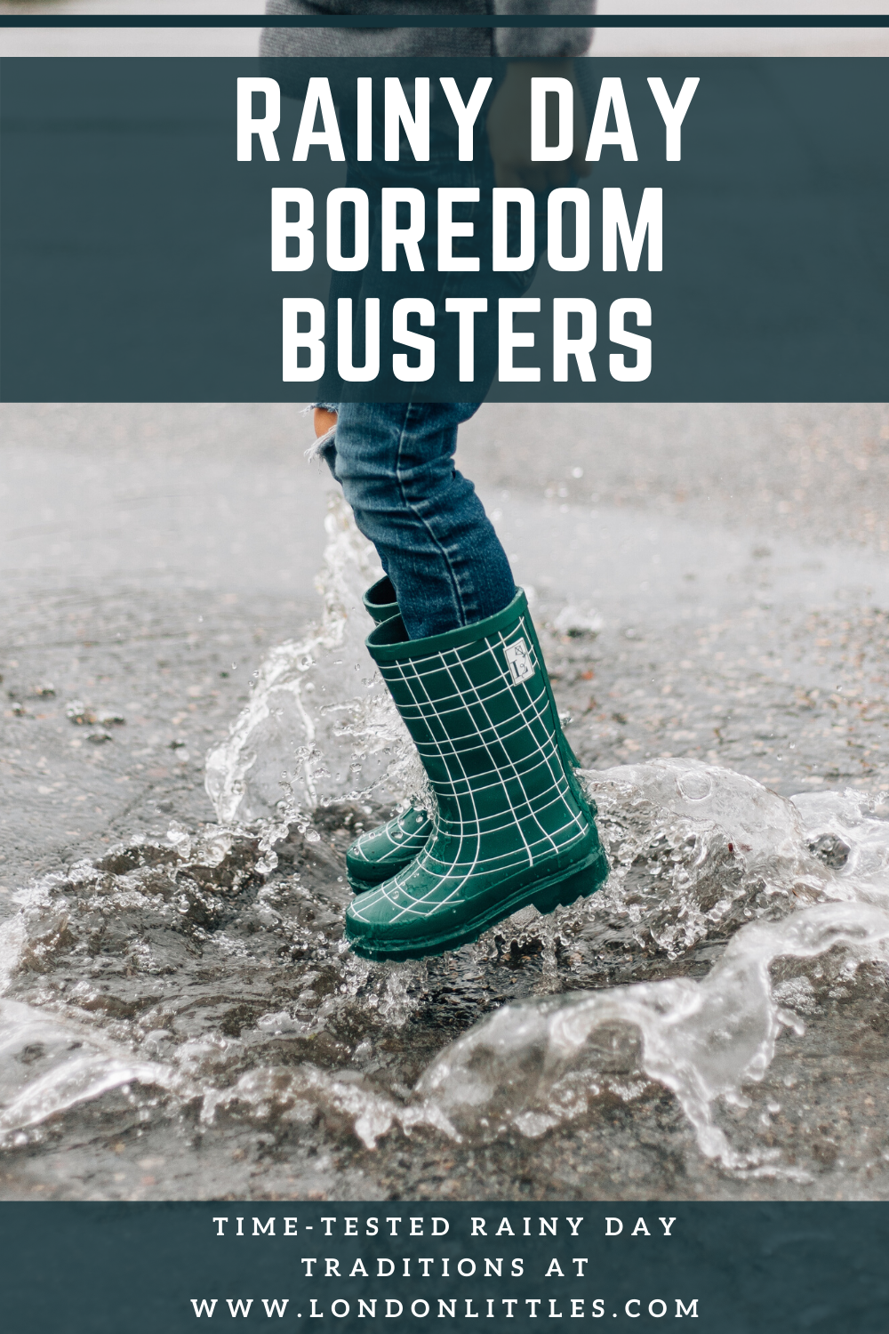 favorite rainy day boredom busters for kids boy splashing in puddle with rain boots
