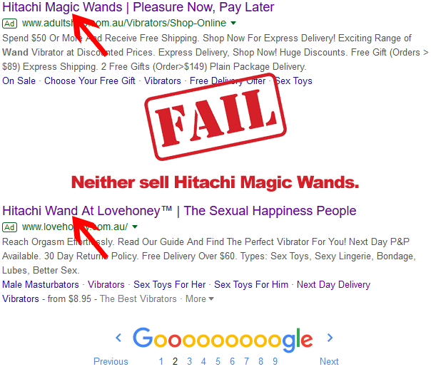 Screenshot of online retailers using false advertising in their Google Adword ads. Their ads state they sell Hitachi Magic Wands when they don't.