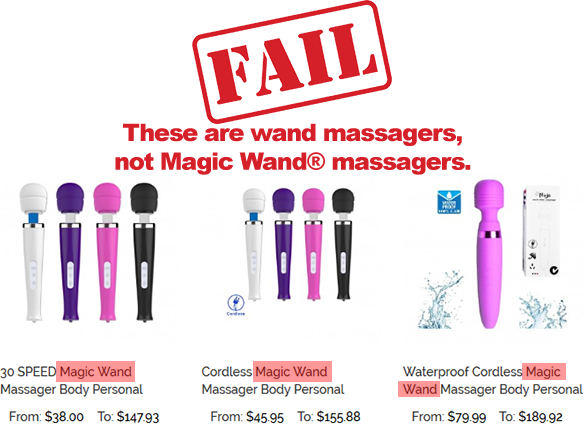 Screenshot of an online retailers product page showing where they name their no name wand massagers as 'Magic Wand®' massagers.