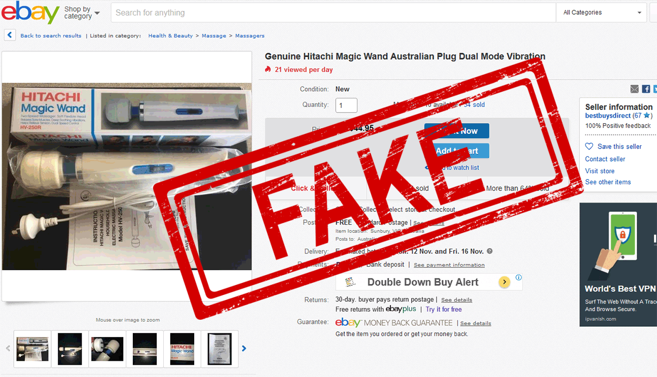 Example 4: screenshot of a fake Hitachi Magic Wand Original being sold by an Australian online seller through ebay