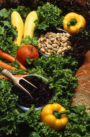 different green leafy vegetables, crops, fruits and nuts