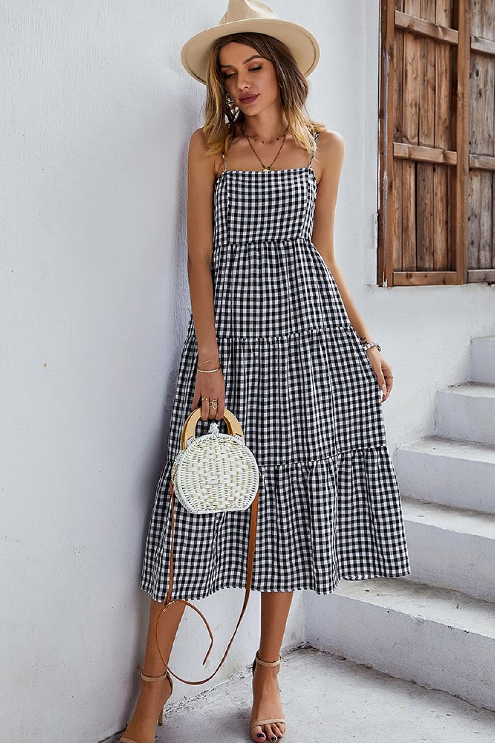 Gingham Tie-Shoulder Tiered Midi Dress