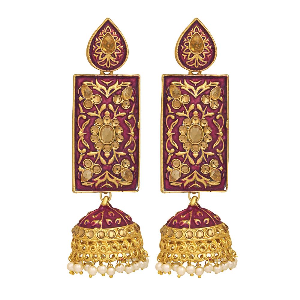 Mahi Maroon Meenakari Work Enamelled Rectangular Dangle Jhumka ...