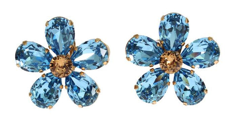 Dolce & Gabbana Gold Brass Floral Blue Crystal Large Clip On Sicily Earring