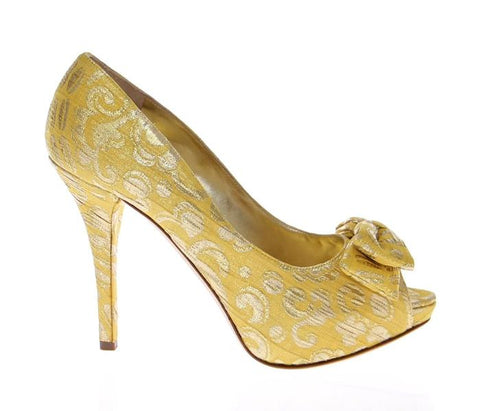 Dolce & Gabbana Yellow Silk Brocade Bow Platform Pumps Shoes LUXEWOW Designer Shoe Outlet
