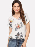 Roll up sleeve floral top white red blue black