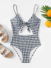 Gingham Pattern Cut-Out One Piece Swimsuit Black and White