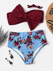 bow tie bikini top with blue floral bikini bottom