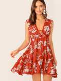 Swing Short Dress Floral Print Red