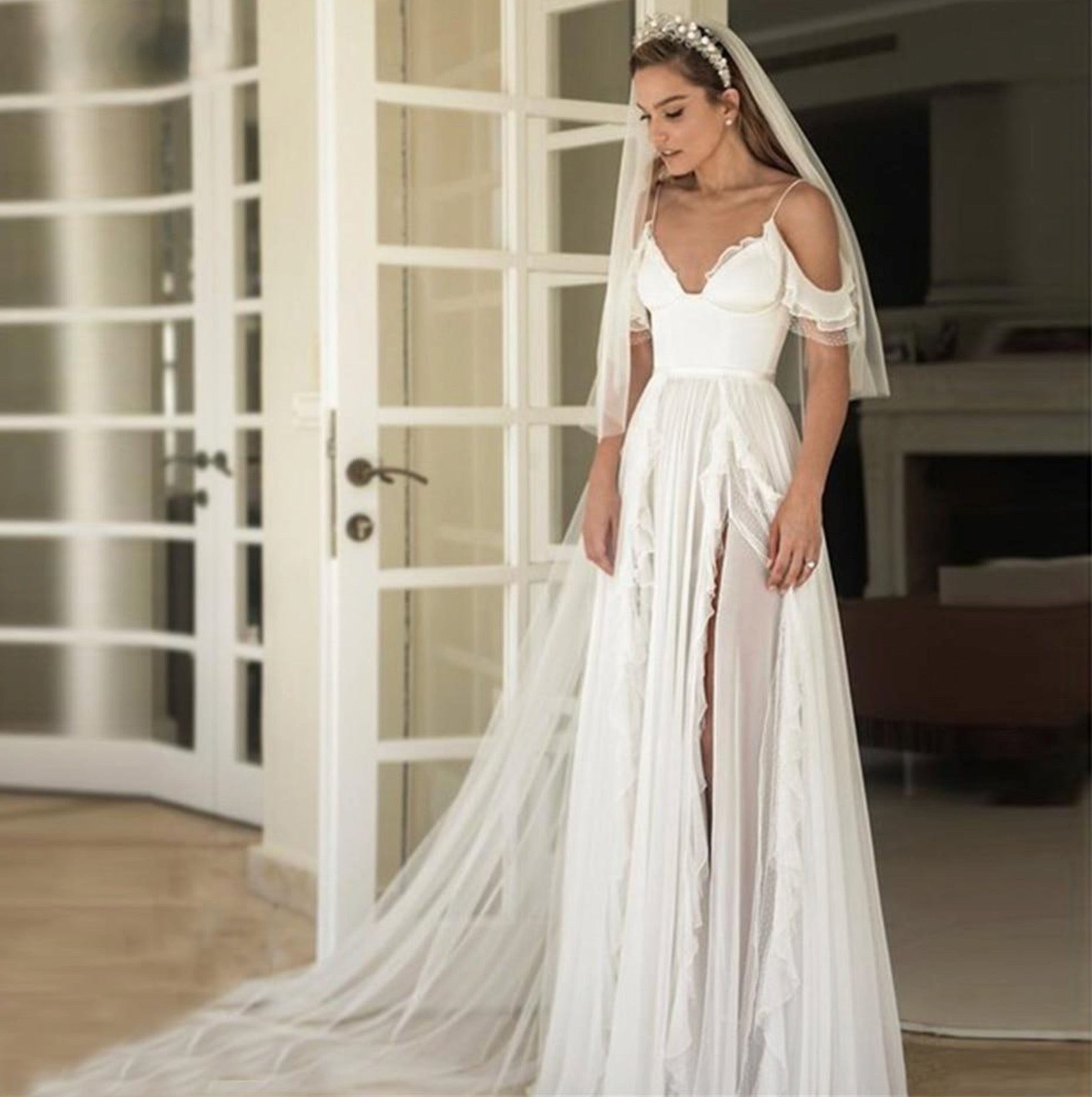 a line chiffon wedding dress with sleeves