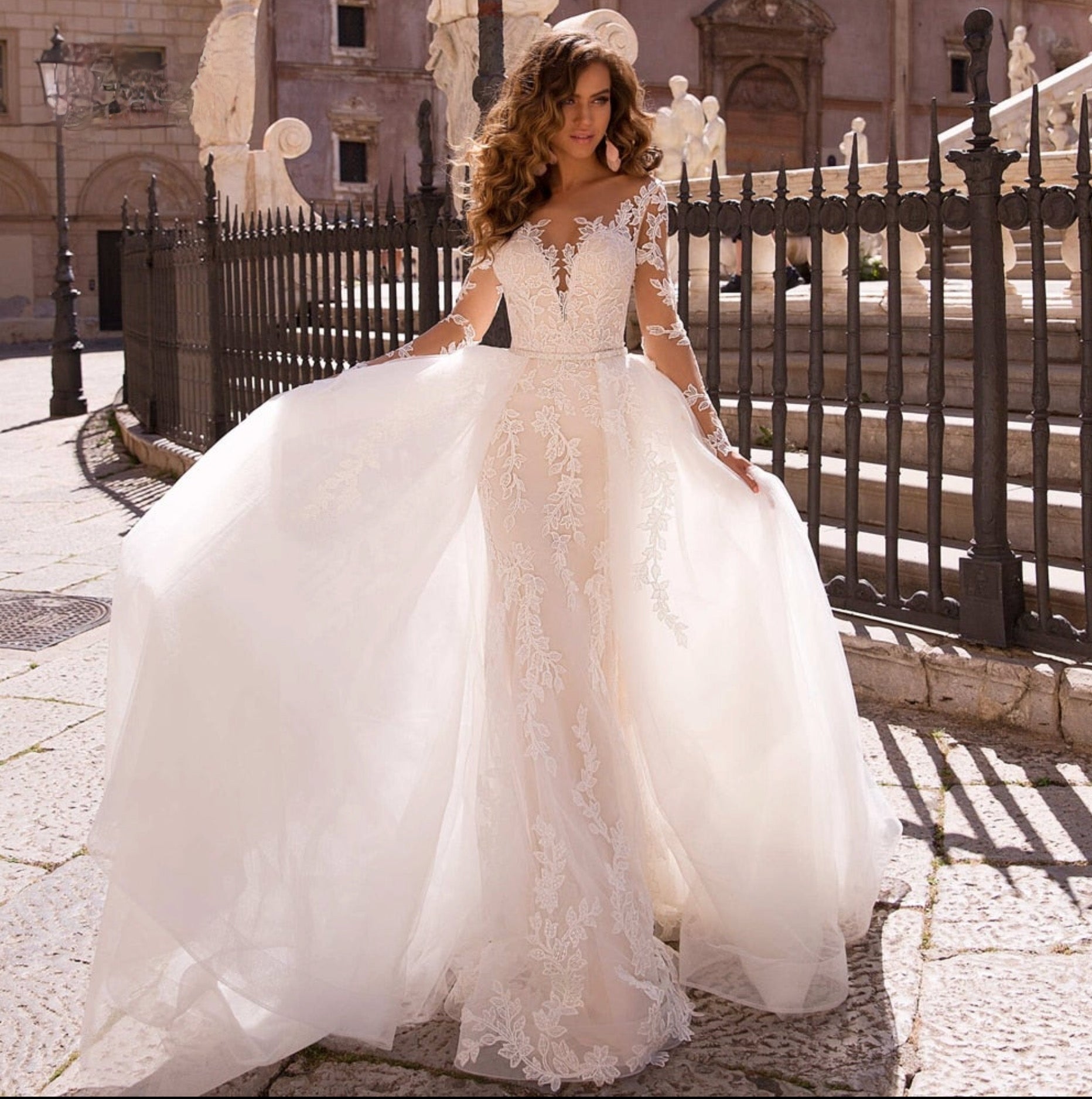Short Wedding Dresses Bridal Gowns With Tulle Detachable Train Long Sleeves Lace 