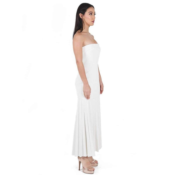 linear crepe pleat strapless dress