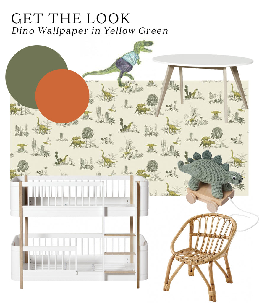 Get the look of Lisbeth Kroll's dinosaur-themed kids bedroom, featuring Sian Zeng dino wallpaper and Oliver Furniture bunk bed