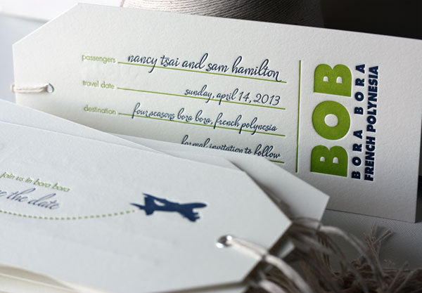 letterpress luggage ticket save the date