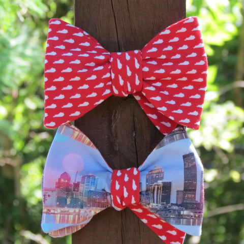 Bow ties red with white Kentuckys and the skyline of Louisville