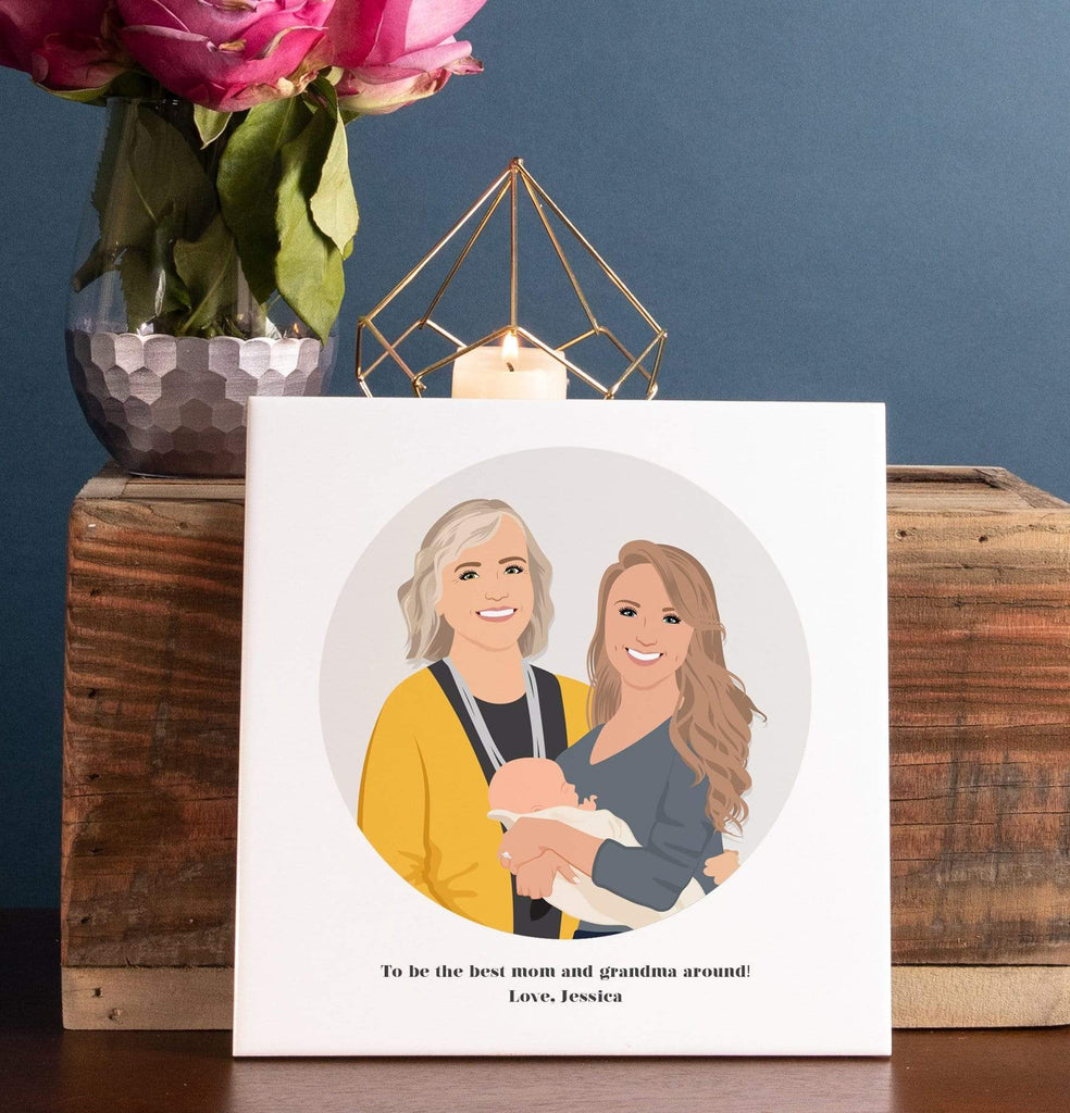 Illustrated Ceramic Tile with Mother Daughter Portrait