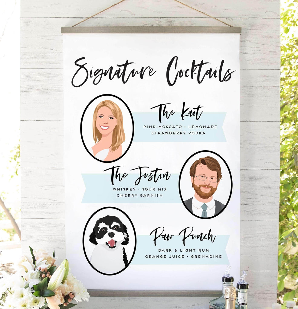 Signature Cocktail Wedding Sign with Couple + Pet Portrait
