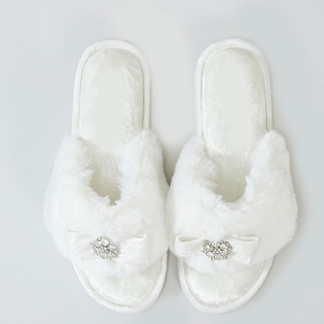 White Fluffy Slippers with Diamonte 