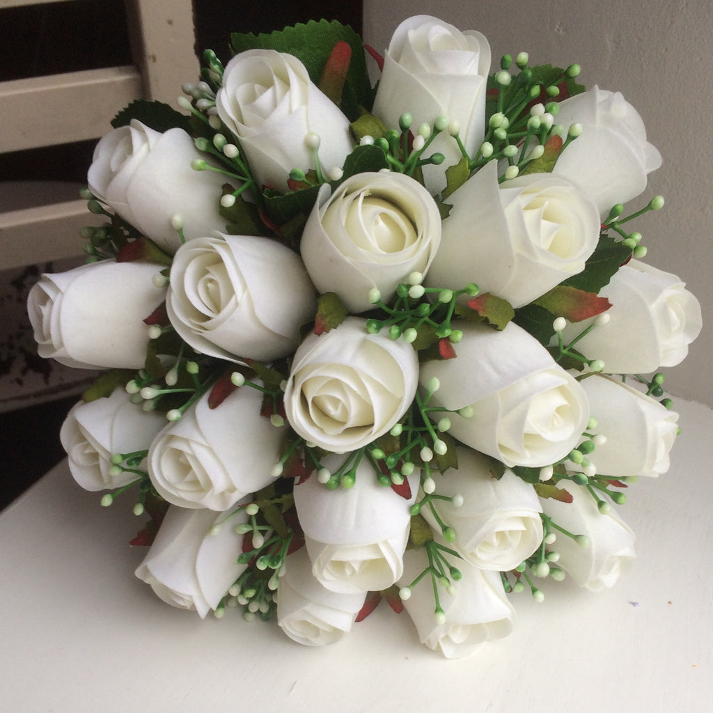 A Bridal Bouquet Featuring Artificial Silk White Roses And Gyp Abigailrose 6389