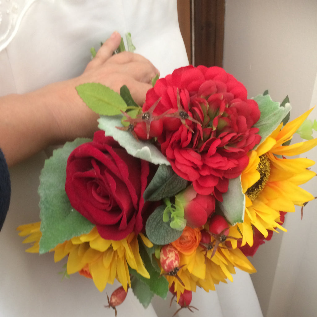 A Brides Wedding Bouquet Featuring Artificial Silk Roses And Sunflower Abigailrose 0782