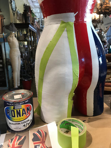 tape on mannequin for blue painted portion of union jack flag