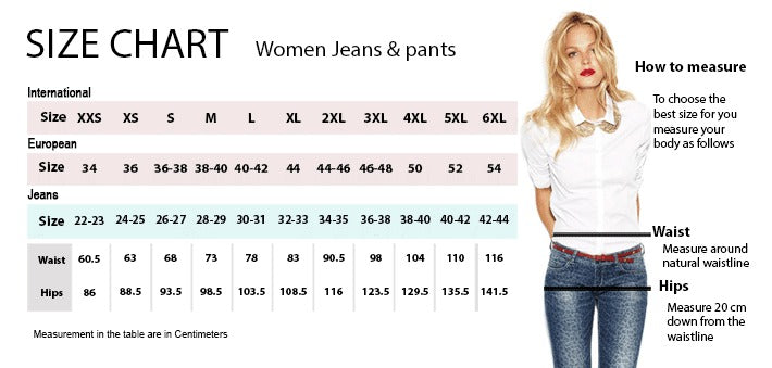 size chart women jeans and pants
