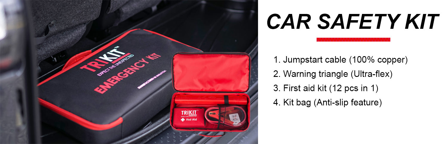 Car safety kit. Jumpstart cable, warning triangle, first aid kit, kit bag