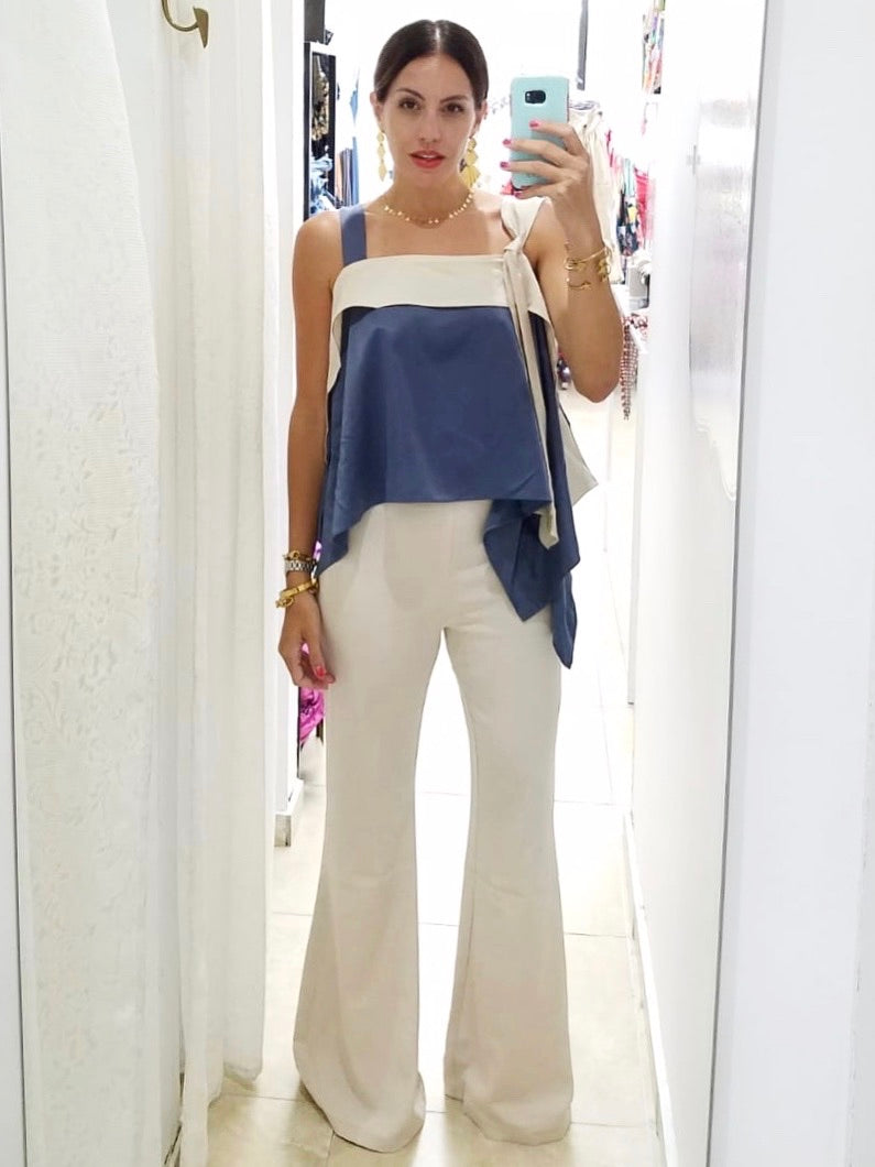 Beige Blue Elegant Top